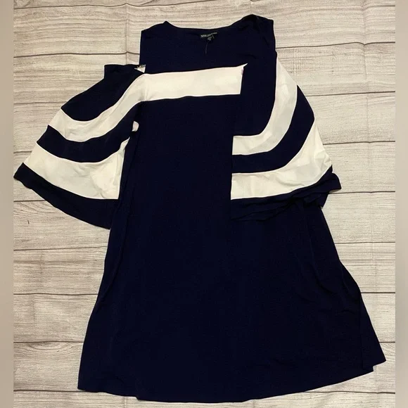 Brand New Nina Leonard Draped Sleeve Cold-Shoulder Navy Blue and White Dress - Picture 3 of 4